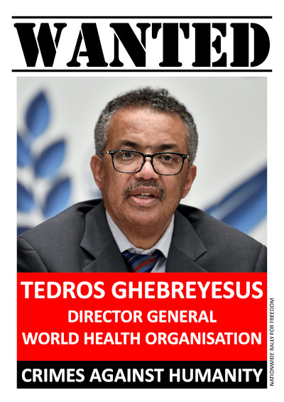 Tedros Ghebreyesus the Director-General of the World Health Organization is wanted for multiple Crimes Against Humanity committed in multiple countries, including Murder, Extermination, Deprivation of Liberty, Persecution, Endangering Lives and other Inhumane Acts which he and his globalist criminal WHO/WEF partners continue to commit.